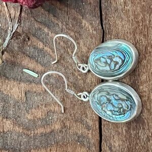 Taxco Mexico Sterling Silver Earrings Hooks Oval Abalone Signed 3 cms Beach